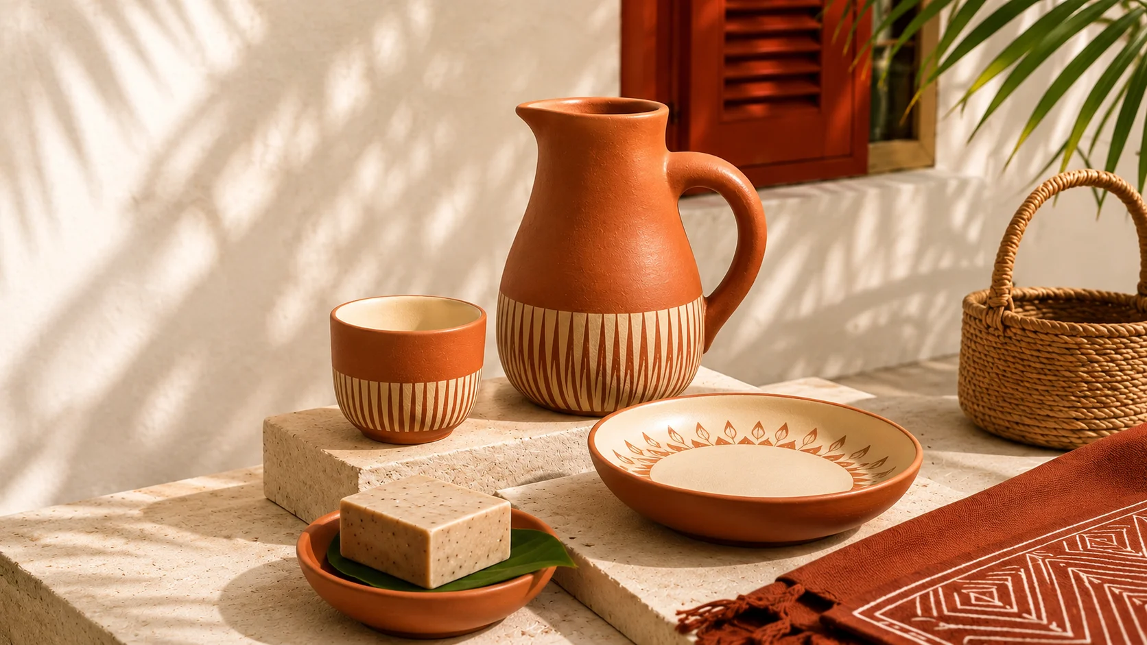 Pichet, bol et tasse en terre cuite aux motifs caribéens posés sur une terrasse ensoleillée