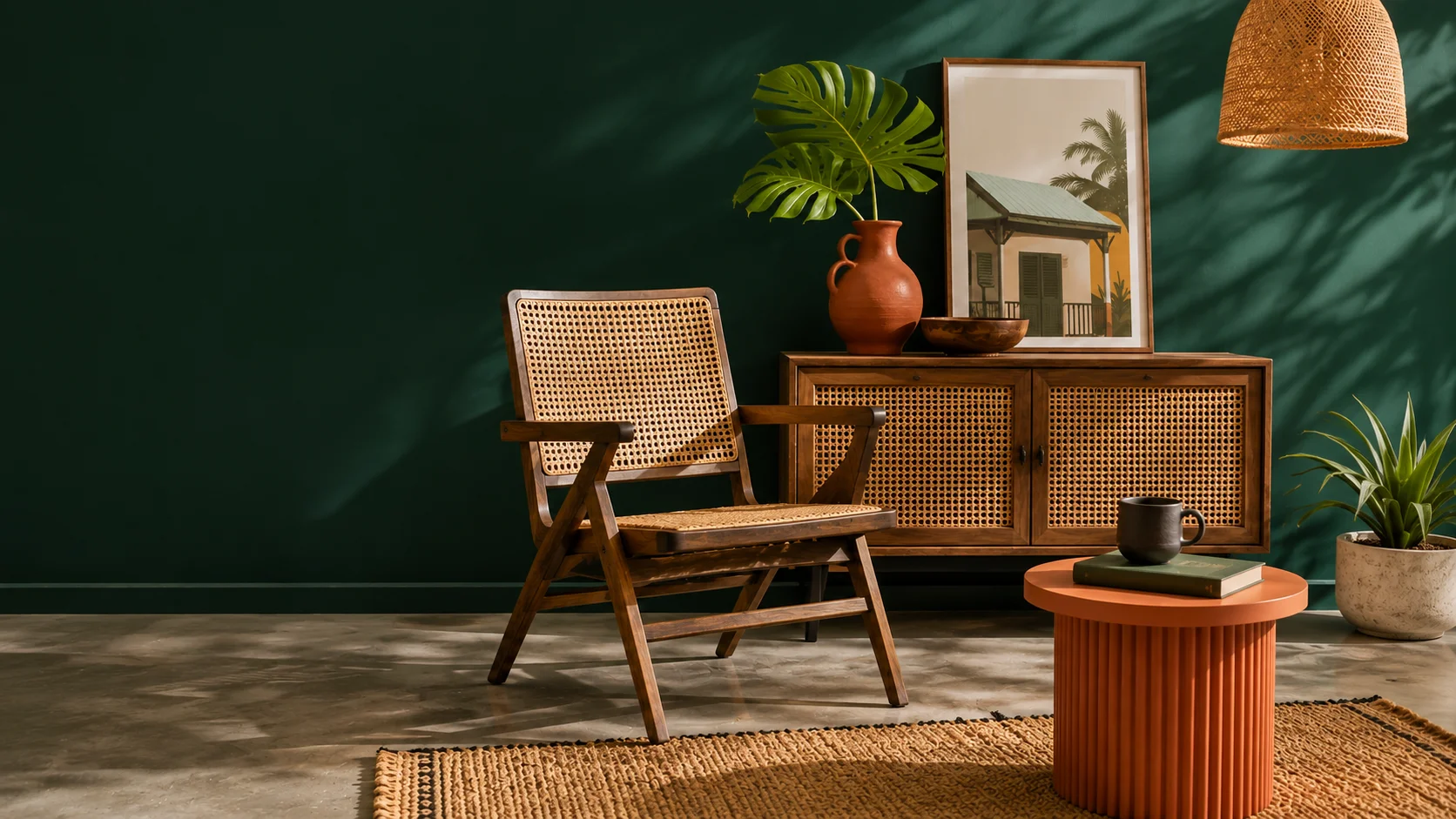 Fauteuil en cannage et buffet bois sur fond vert profond, intérieur tropical